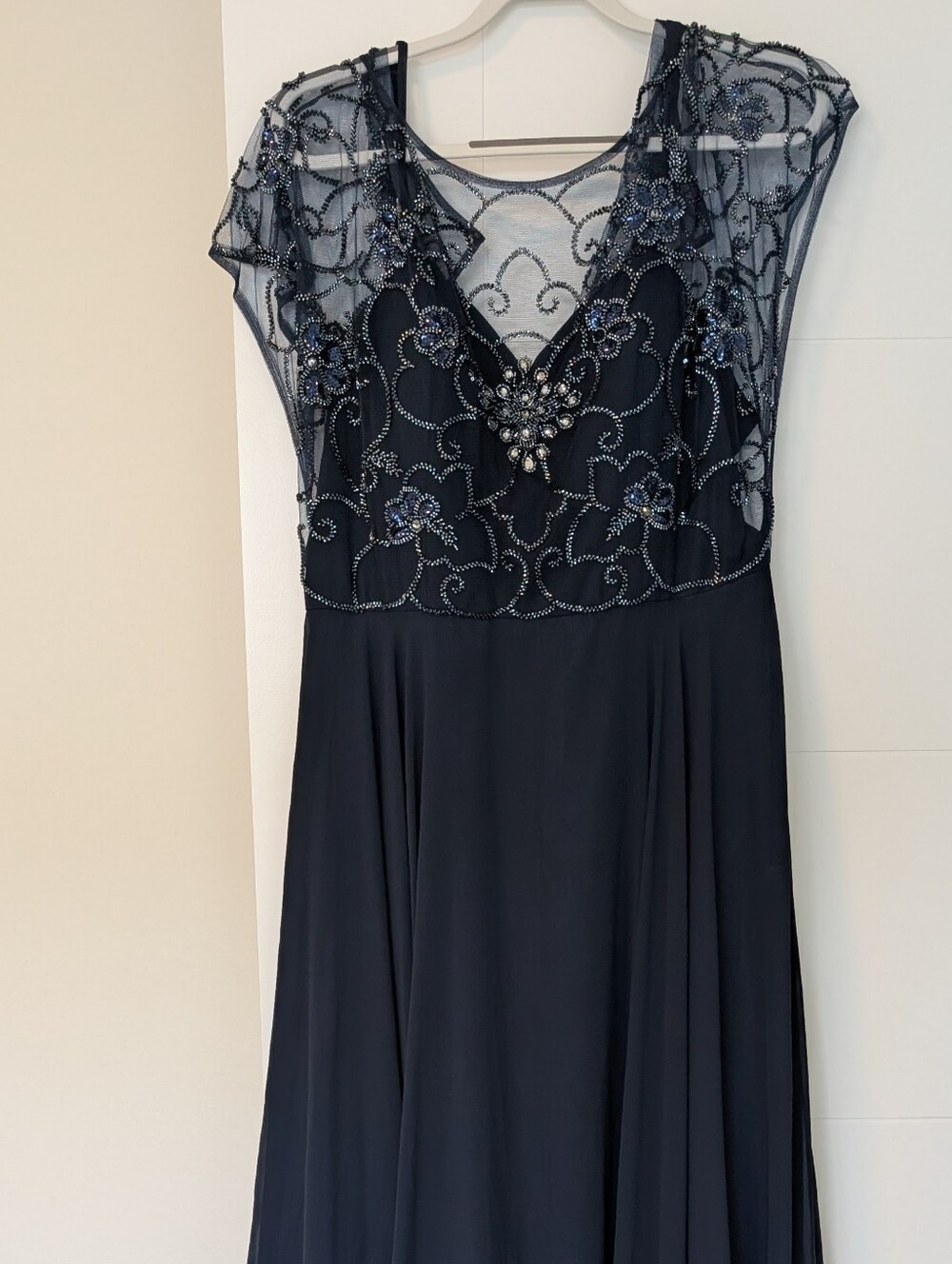 Xscape Navy Beaded Chiffon Maxi Dress